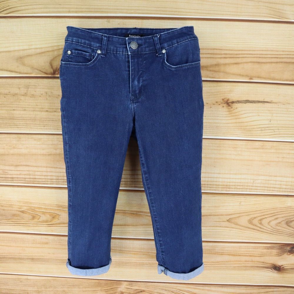 Relativity Capri Jeans Cuffed Mid Rise‎ Womens Size 6 Blue Dark Wash Denim